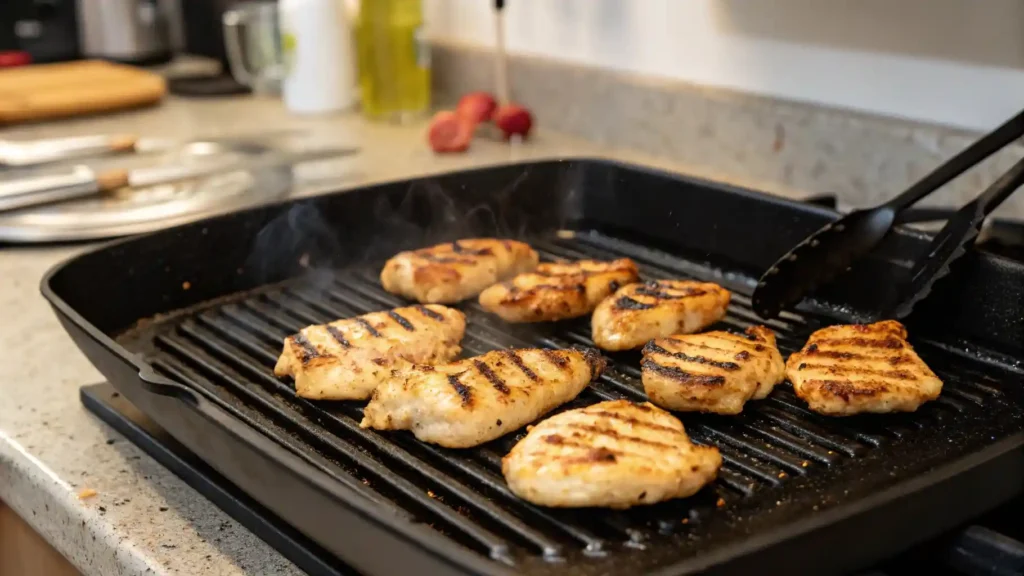 Grilled chicken nuggets sizzling on the grill with perfect grill marks.