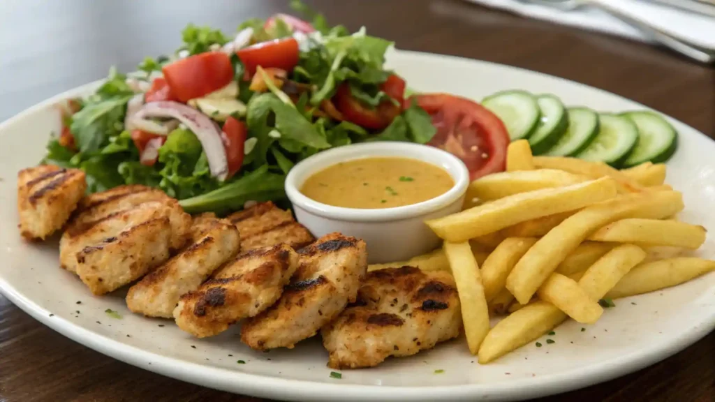 A serving of grilled chicken nuggets paired with fresh salad, crispy fries, and dipping sauce.