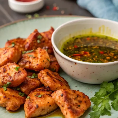 Marinated Chick fil A Grilled Nuggets Recipe resting before grilling, with a vibrant marinade on the side.