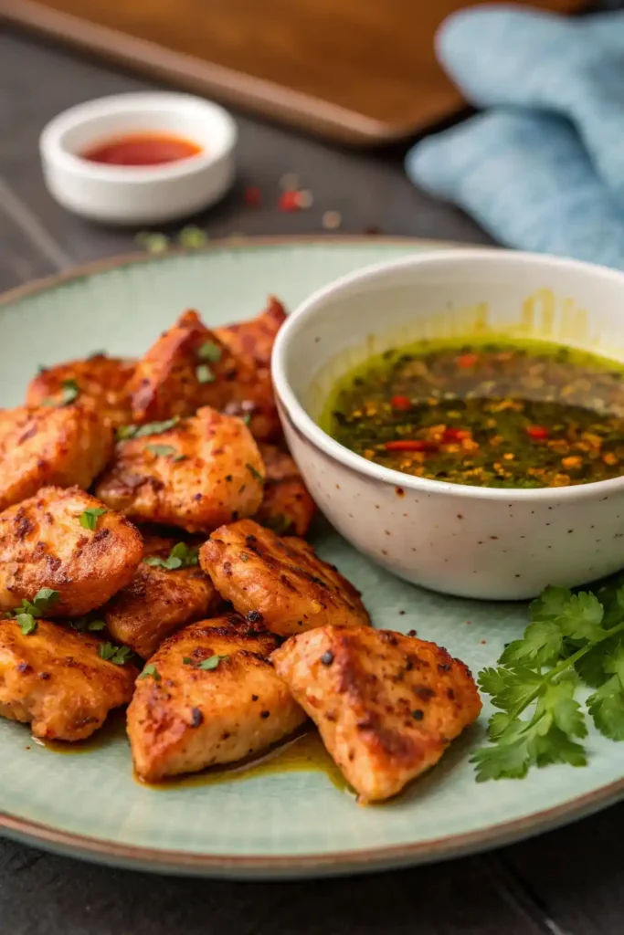 Marinated Chick fil A Grilled Nuggets Recipe resting before grilling, with a vibrant marinade on the side.
