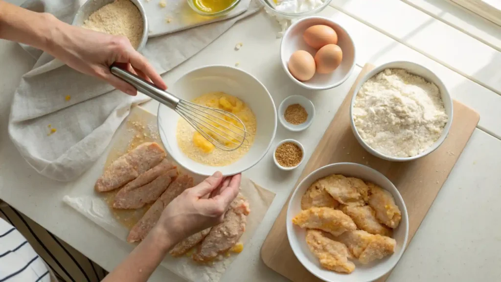 Hands breading chicken tenders using flour, egg, and panko on a kitchen counter.