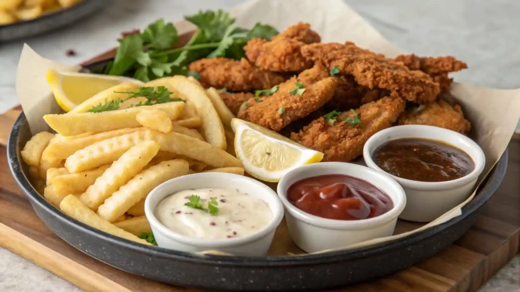 Platter of chicken tenders and fries with a variety of dipping sauces and garnishes.