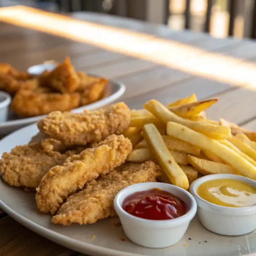 Crispy chicken tenders and fries served with ketchup and honey mustard on a rustic wooden table.
