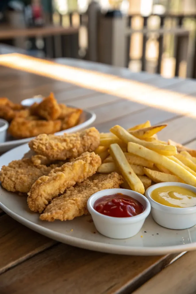 Crispy chicken tenders and fries served with ketchup and honey mustard on a rustic wooden table.