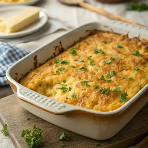 Freshly baked Cracker Barrel corn casserole recipe with golden brown top and parsley garnish in a casserole dish.