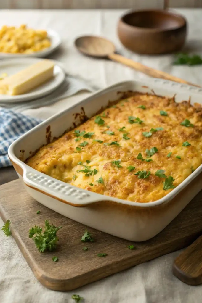 Freshly baked Cracker Barrel corn casserole recipe with golden brown top and parsley garnish in a casserole dish.