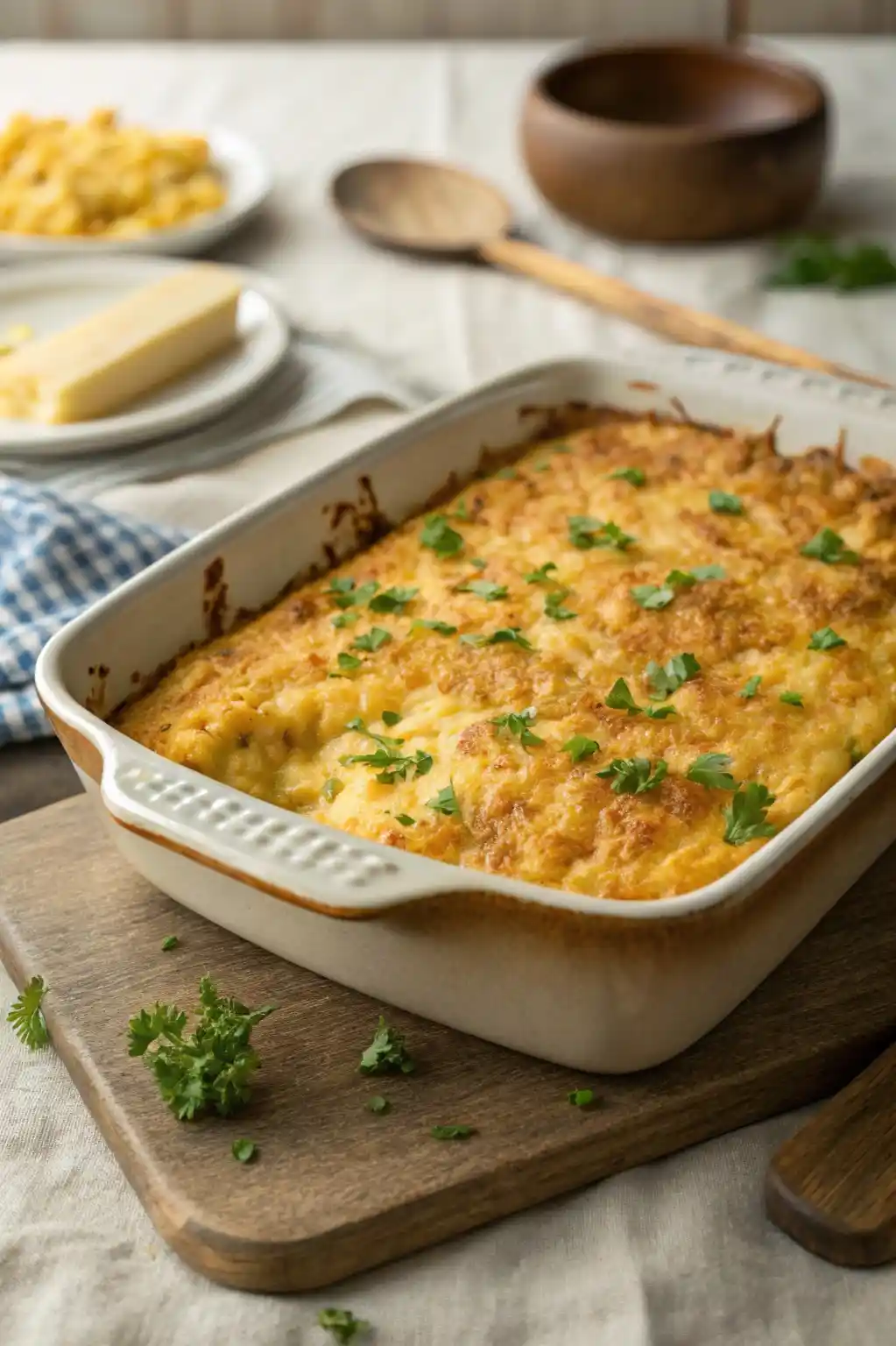 Freshly baked Cracker Barrel corn casserole recipe with golden brown top and parsley garnish in a casserole dish.