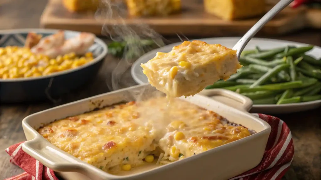 Serving a warm portion of Cracker Barrel-style corn casserole with melted cheese from the baking dish.