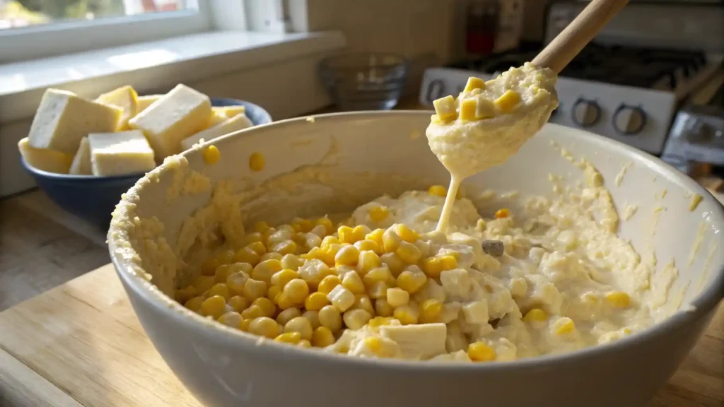 mixing corn casserole batter with corn kernels and shredded cheese in a large bowl.