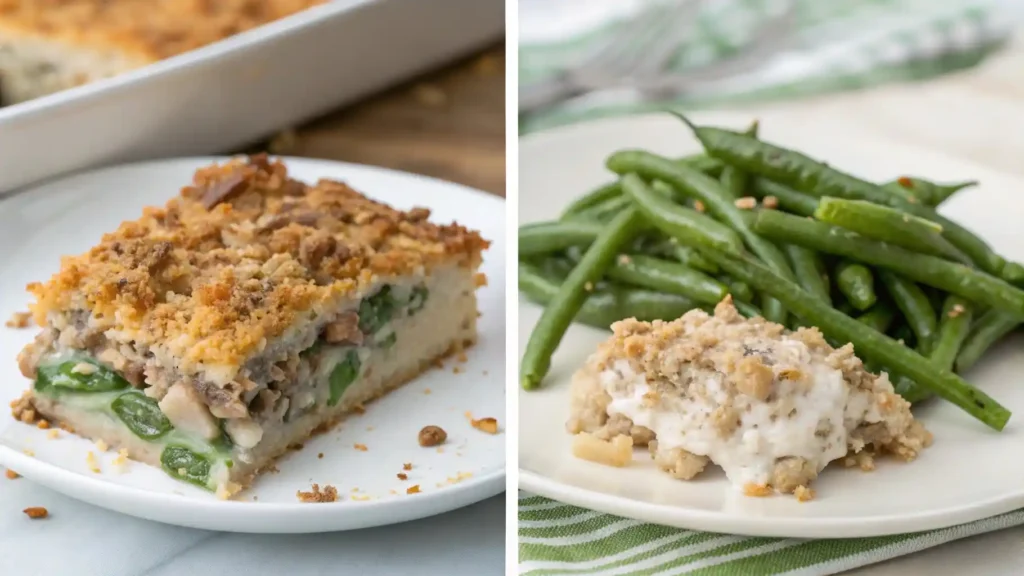 Side-by-side view of traditional canned-soup casserole and homemade version without mushroom soup.