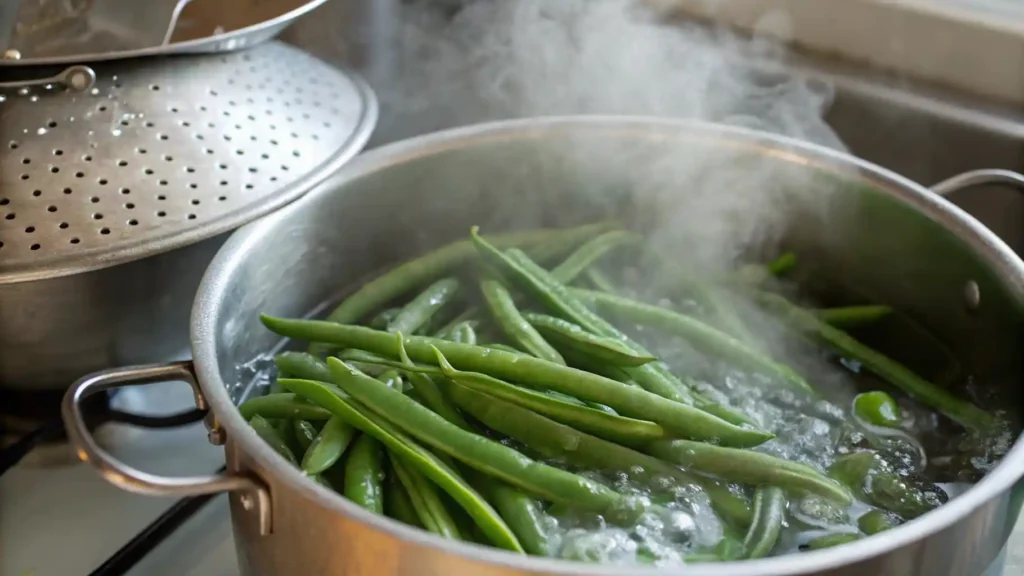 Fresh green beans being blanched in boiling water next to an ice bath for crisp texture.