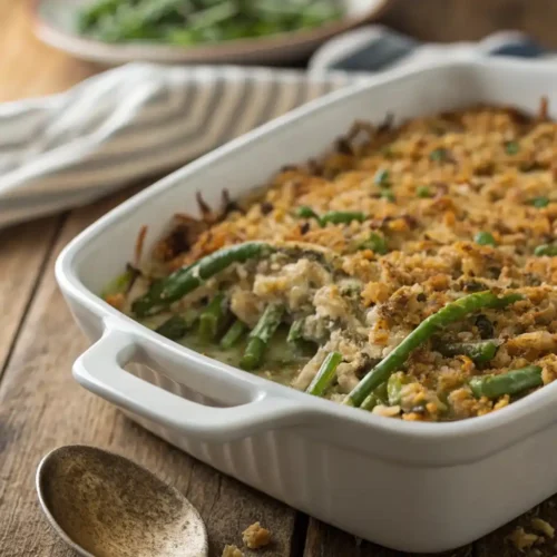 Homemade green bean casserole without mushroom soup in a white dish with crispy topping and herbs.
