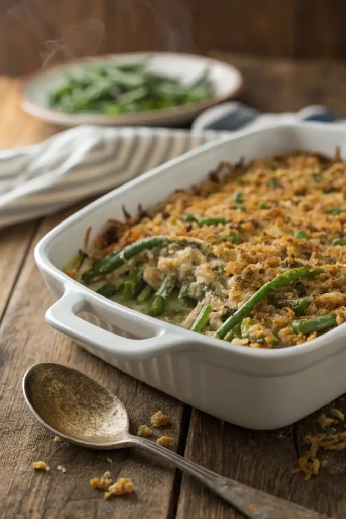 Homemade green bean casserole without mushroom soup in a white dish with crispy topping and herbs.