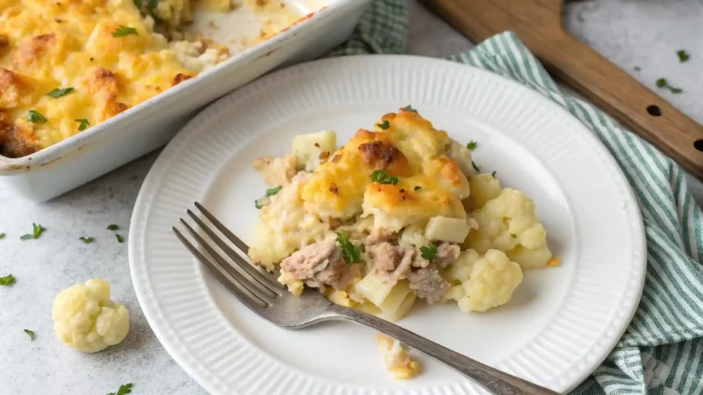 Close-up of a serving of creamy, cheesy keto tuna casserole with flaked tuna and cauliflower on a white plate.