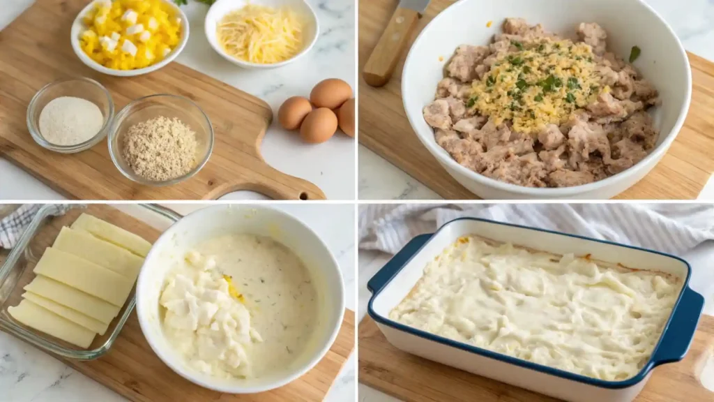 Step-by-step images showing keto tuna casserole ingredients, mixing, assembling, and the casserole ready to bake.