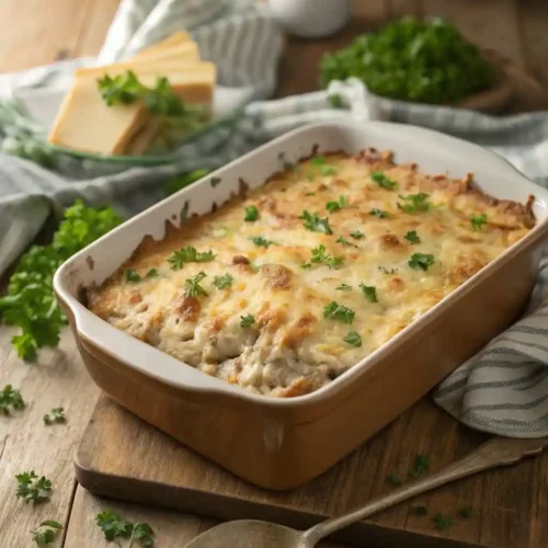 Freshly baked keto tuna casserole with golden, bubbling cheese topping in a casserole dish on a rustic wooden table.