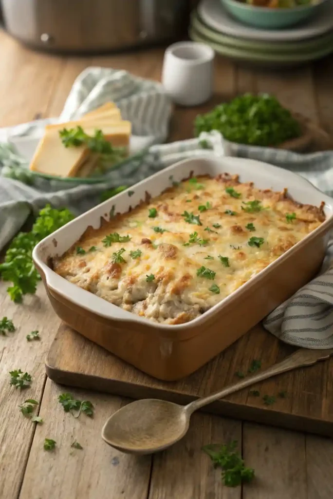 Freshly baked keto tuna casserole with golden, bubbling cheese topping in a casserole dish on a rustic wooden table.