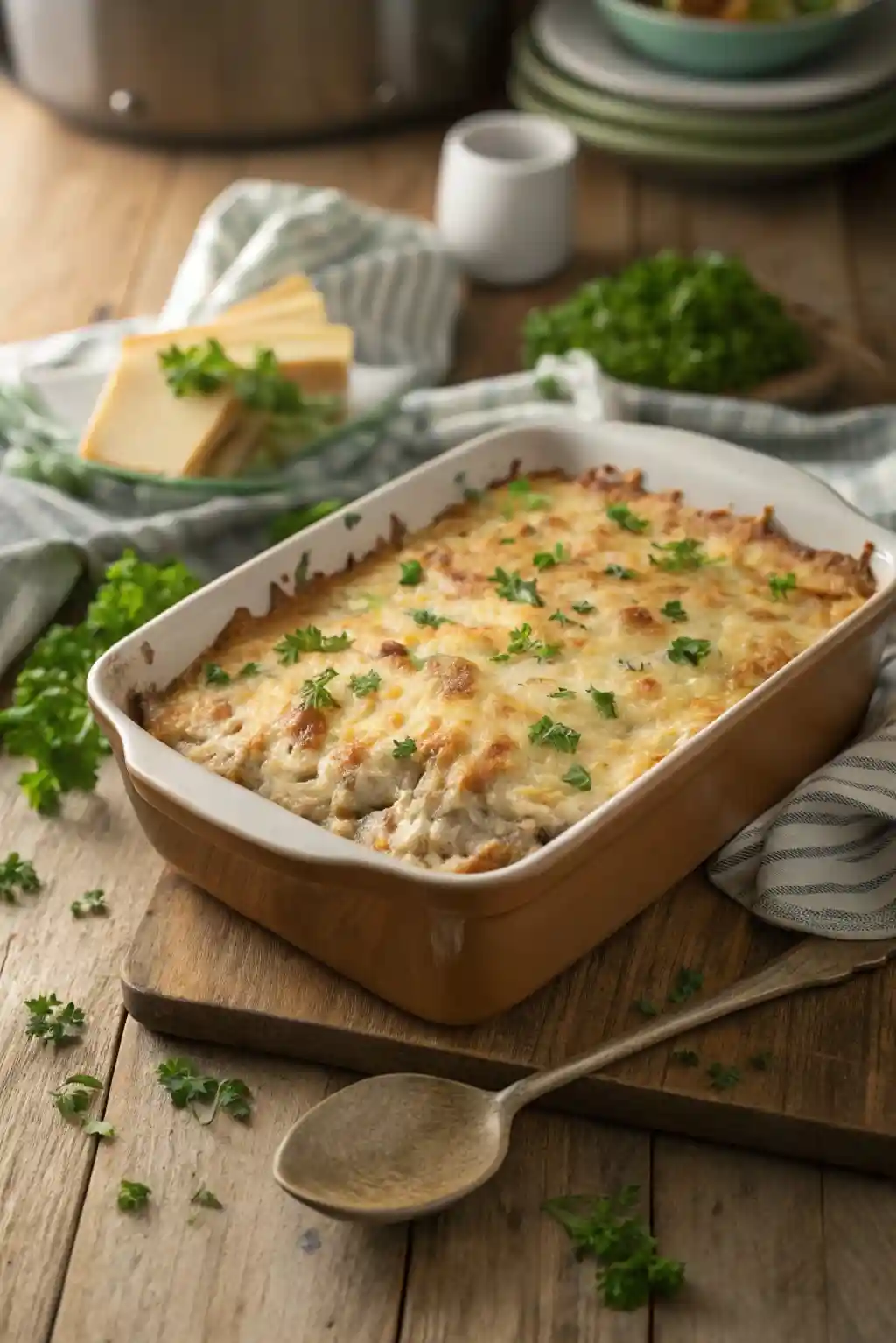 Freshly baked keto tuna casserole with golden, bubbling cheese topping in a casserole dish on a rustic wooden table.