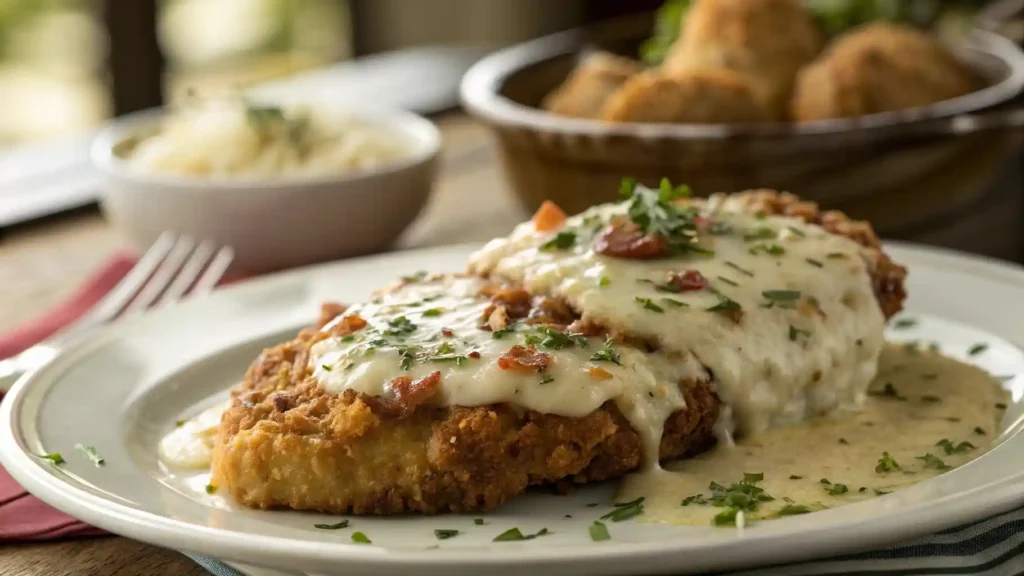 Close-up of a plated Longhorn Parmesan Chicken, featuring a crispy crust and tender chicken, captured with soft, natural lighting for a warm, inviting look.