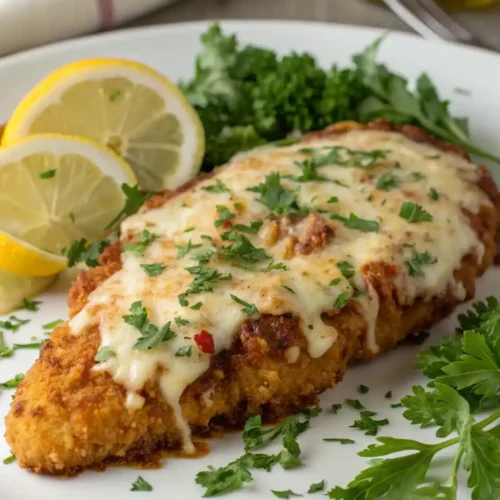 A plated Longhorn Parmesan Chicken Recipe, garnished with fresh parsley and served with a lemon wedge for added flavor.