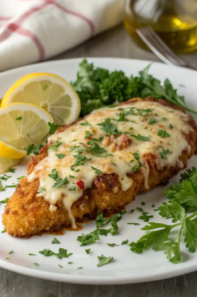A plated Longhorn Parmesan Chicken Recipe, garnished with fresh parsley and served with a lemon wedge for added flavor.