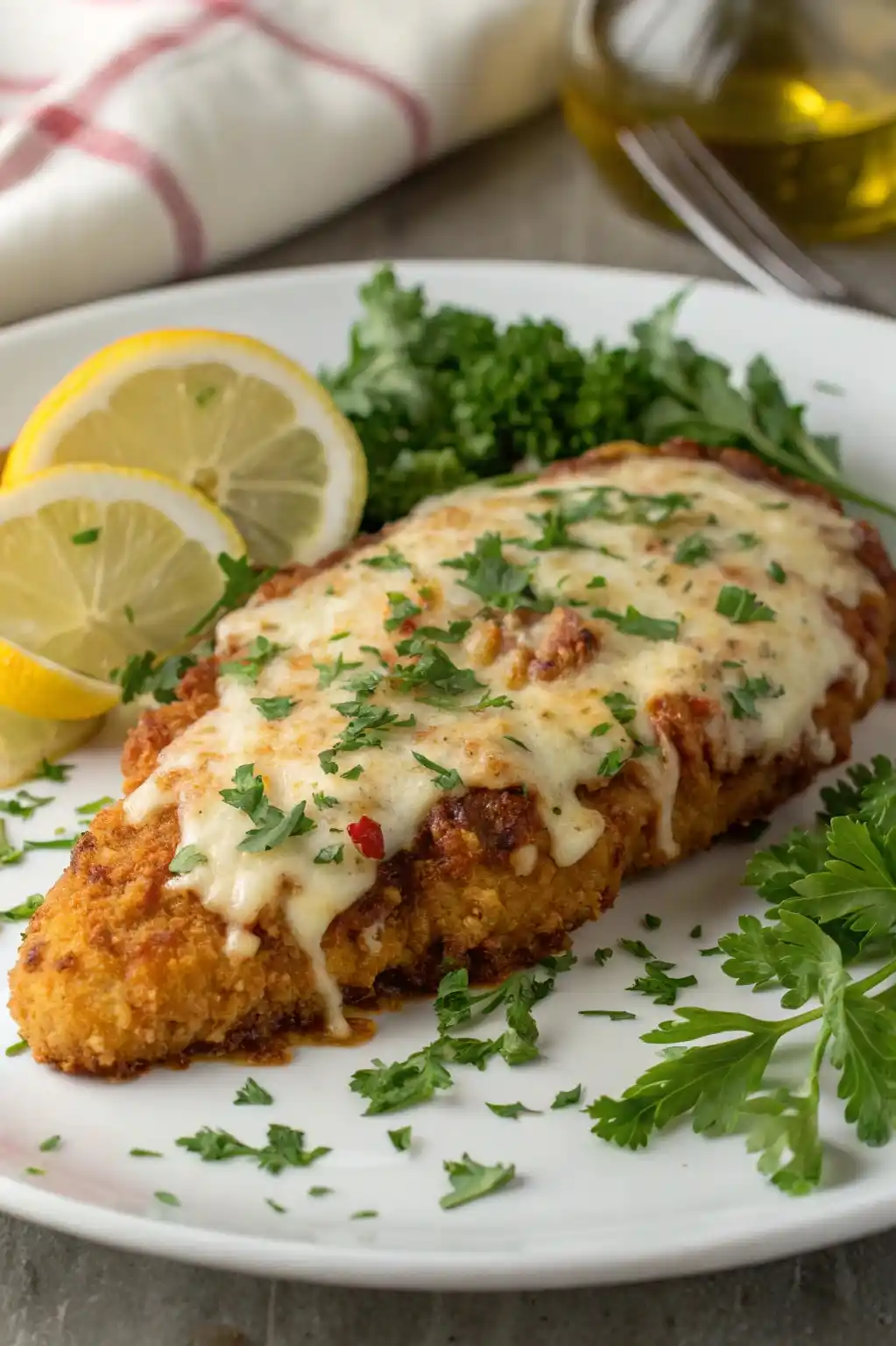A plated Longhorn Parmesan Chicken Recipe, garnished with fresh parsley and served with a lemon wedge for added flavor.