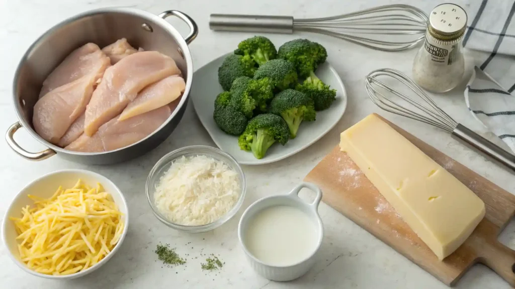 Ingredients for Chicken Divan, including chicken breasts, broccoli, butter, milk, and cheese, laid out on a kitchen counter, ready for preparation.