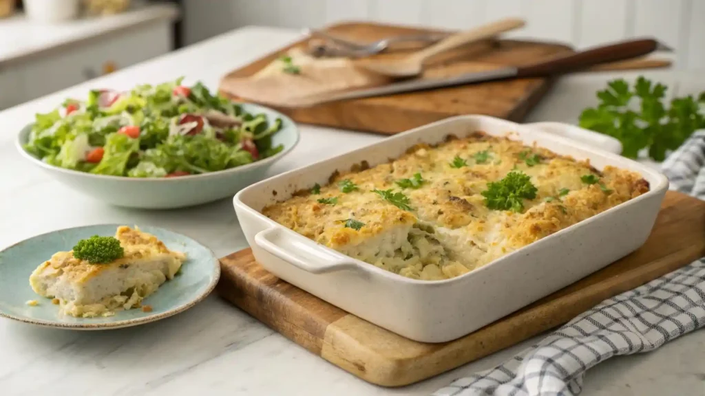 A dish of Original Chicken Divan Recipe resting on a kitchen counter, with a plated serving alongside a fresh green salad.