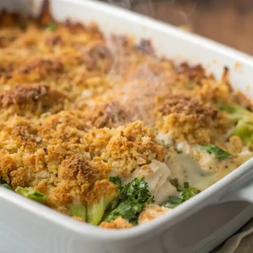 A freshly baked Chicken Divan casserole with a golden-brown top and crispy breadcrumb topping, ready to be served.