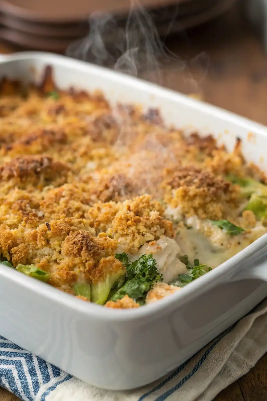 A freshly baked Chicken Divan casserole with a golden-brown top and crispy breadcrumb topping, ready to be served.