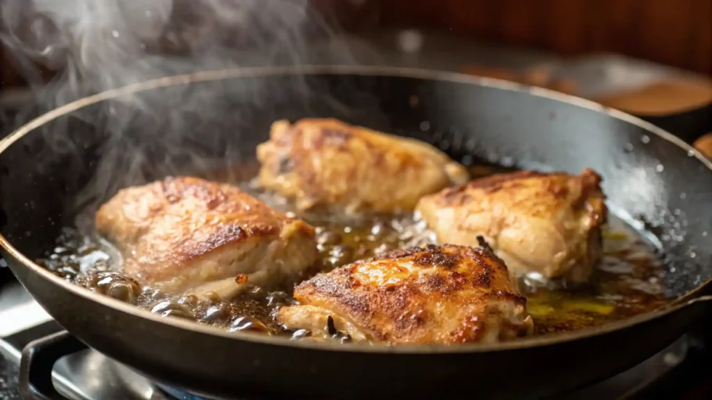 Chicken thighs searing in a skillet with golden brown edges during teriyaki chicken preparation