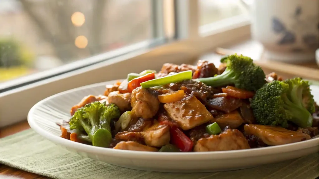 Close-up of Panda Express teriyaki chicken with a rich, glossy glaze and tender sliced chicken, captured in natural lighting for a warm and authentic look