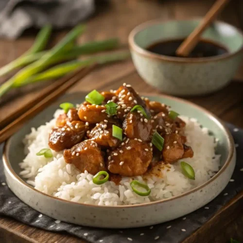 Homemade Panda Express teriyaki chicken recipe served over white rice with sesame seeds and green onions