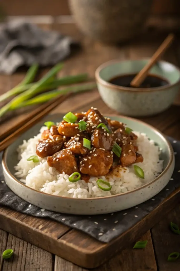 Homemade Panda Express teriyaki chicken recipe served over white rice with sesame seeds and green onions