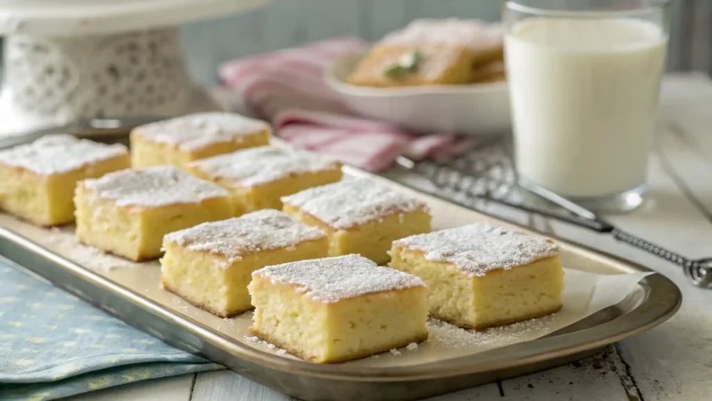 Paula Deen butter cake squares on a serving platter, dusted with powdered sugar and ready to serve.