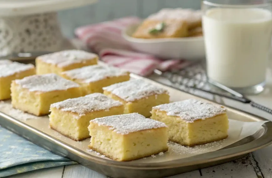 Paula Deen butter cake squares on a serving platter, dusted with powdered sugar and ready to serve.