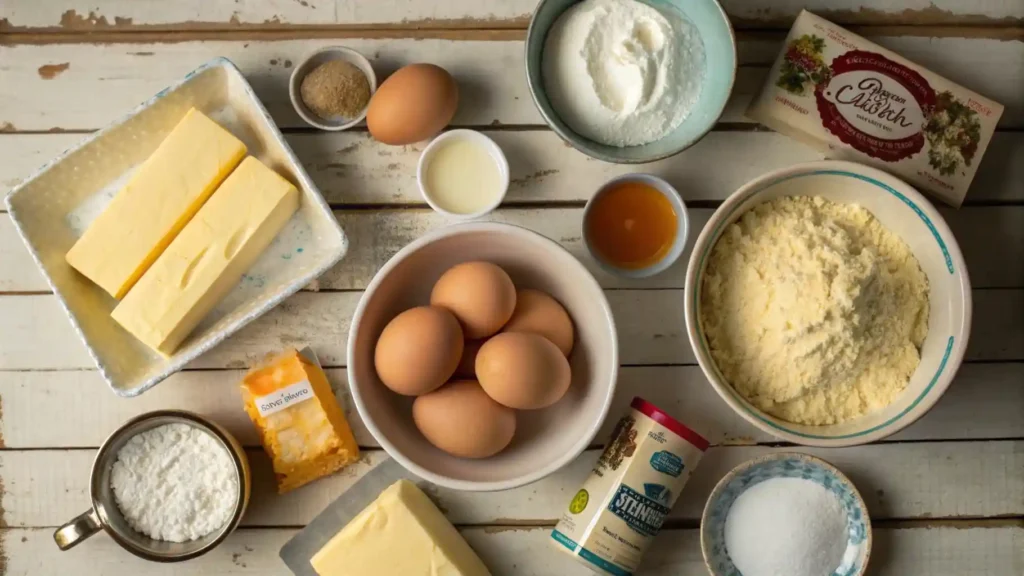 Ingredients for Paula Deen butter cake recipe arranged on a rustic table, including cake mix, eggs, cream cheese, and butter.