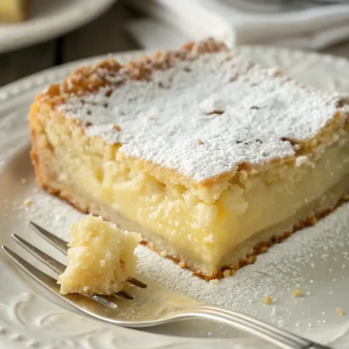 Slice of gooey butter cake with cream cheese filling and powdered sugar on a dessert plate with a fork