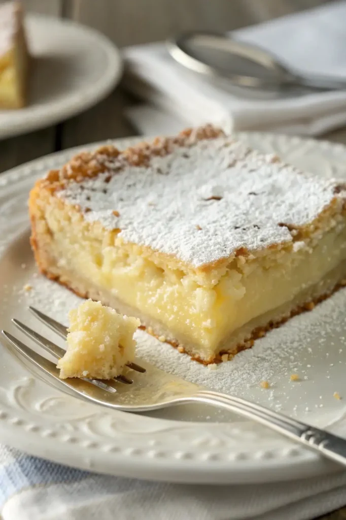 Slice of gooey butter cake with cream cheese filling and powdered sugar on a dessert plate with a fork