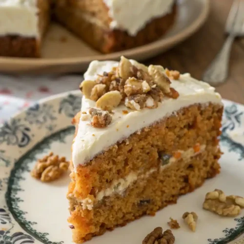 Slice of moist Paula Deen carrot cake topped with creamy frosting and chopped walnuts on a plate.