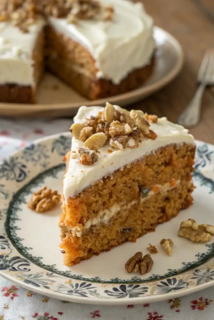 Slice of moist Paula Deen carrot cake topped with creamy frosting and chopped walnuts on a plate.