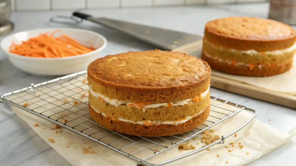 Two layers of freshly baked carrot cake cooling on a wire rack before being frosted.