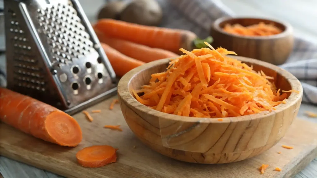 Freshly grated carrots in a wooden bowl, ready to be added to Paula Deen’s carrot cake recipe