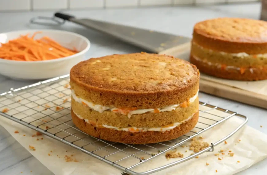 Two layers of freshly baked carrot cake cooling on a wire rack before being frosted.
