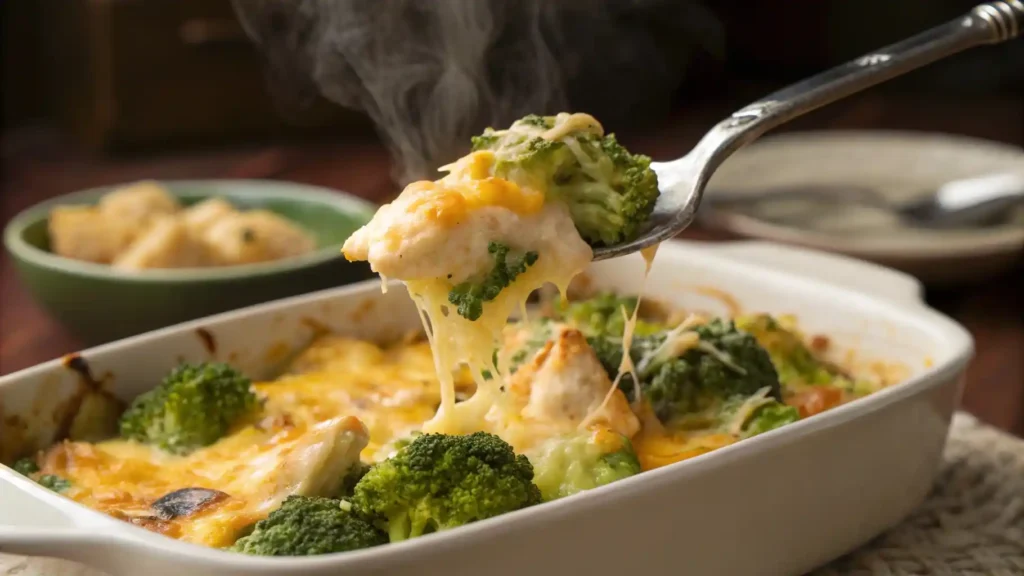 Spoonful of creamy chicken divan showing gooey cheese, broccoli, and chicken fresh from the oven.