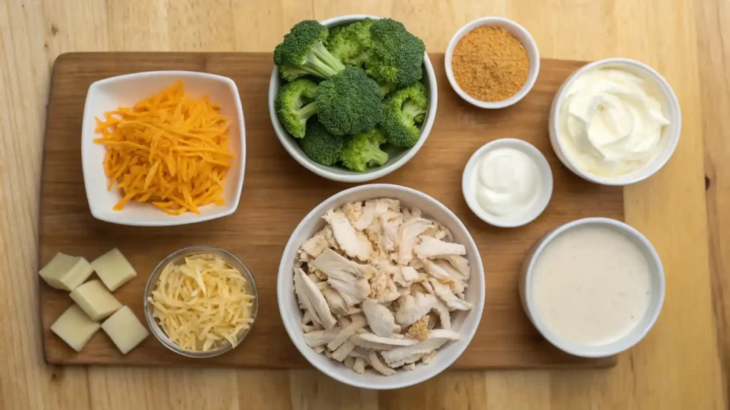 Ingredients for Paula Deen Chicken Divan arranged on a countertop, including broccoli, chicken, mayo, and cheese.