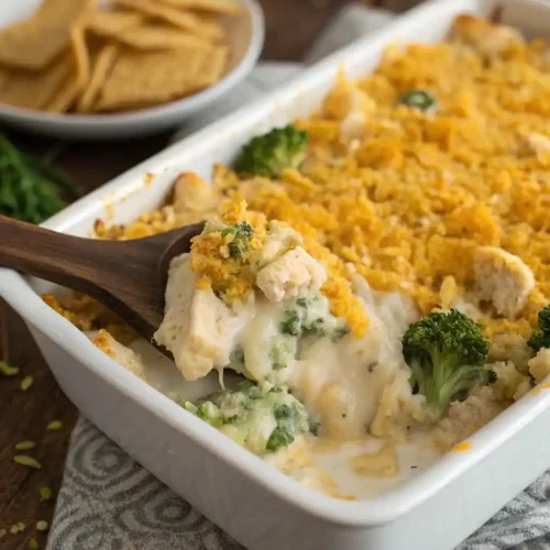 Freshly baked Paula Deen Chicken Divan with broccoli and cheesy cracker topping in a white casserole dish.