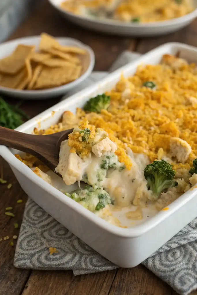 Freshly baked Paula Deen Chicken Divan with broccoli and cheesy cracker topping in a white casserole dish.