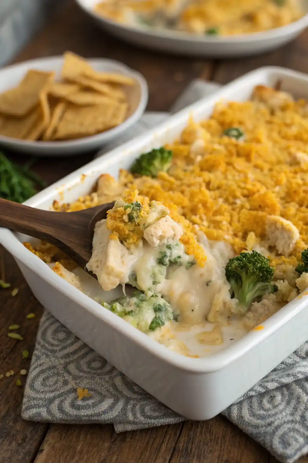 Freshly baked Paula Deen Chicken Divan with broccoli and cheesy cracker topping in a white casserole dish.