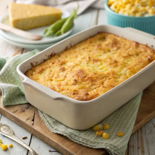 Freshly baked Paula Deen corn casserole with a golden top in a 9x13-inch dish on a wooden table.